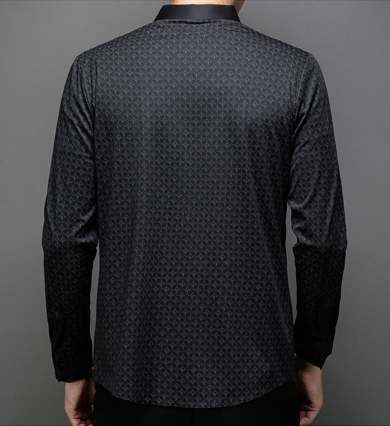 Back view of Atmora men’s black micro geometric print imported stretch full sleeve shirt