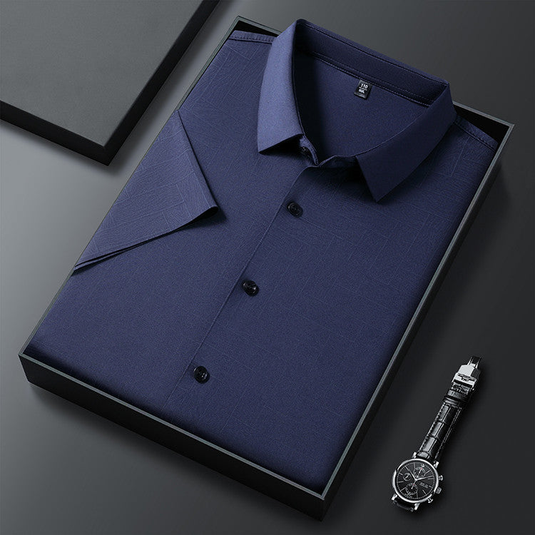 Folded Atmora men’s navy blue textured imported stretch shirt with classic collar and button front detail
