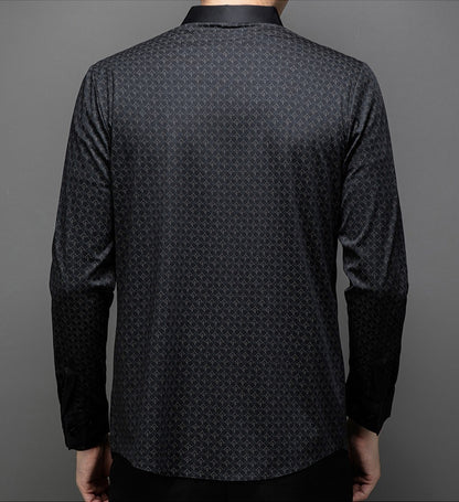Back view of Atmora men’s black micro geometric print imported stretch full sleeve shirt