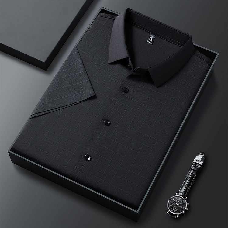 Folded Atmora men’s black textured imported stretch shirt with classic collar and button front detail