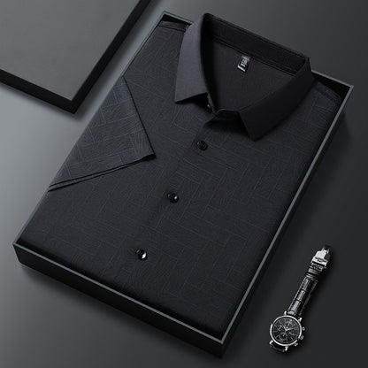Folded Atmora men’s black textured imported stretch shirt with classic collar and button front detail