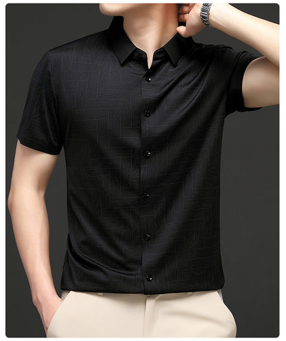 Atmora black textured imported stretch short sleeve shirt for men in a premium styling pose