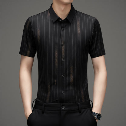 Men wearing Atmora black vertical striped short sleeve stretch shirt styled with black trousers