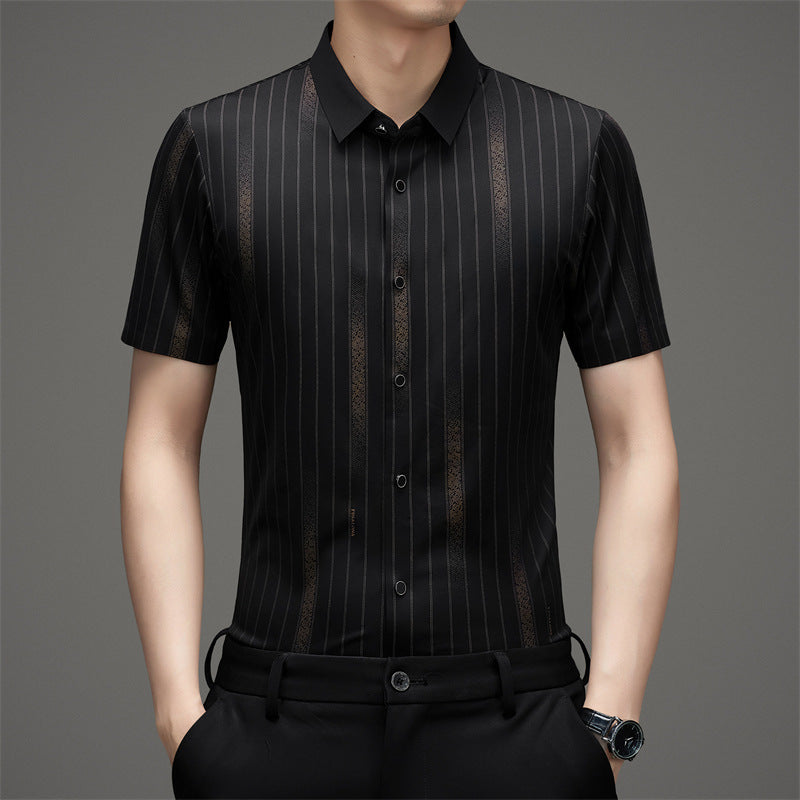 Men wearing Atmora black vertical striped short sleeve stretch shirt styled with black trousers
