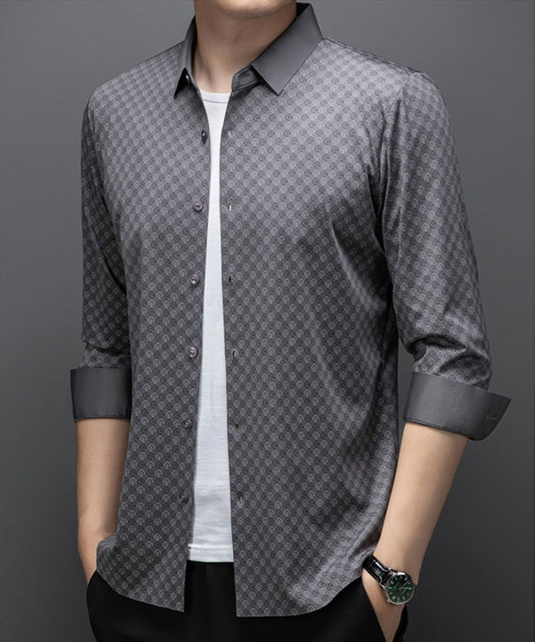 Men’s Atmora charcoal grey printed imported stretch shirt styled open with a white t-shirt and black trousers