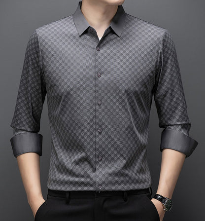 Atmora men’s charcoal grey printed imported stretch full sleeve shirt with button front and folded cuffs