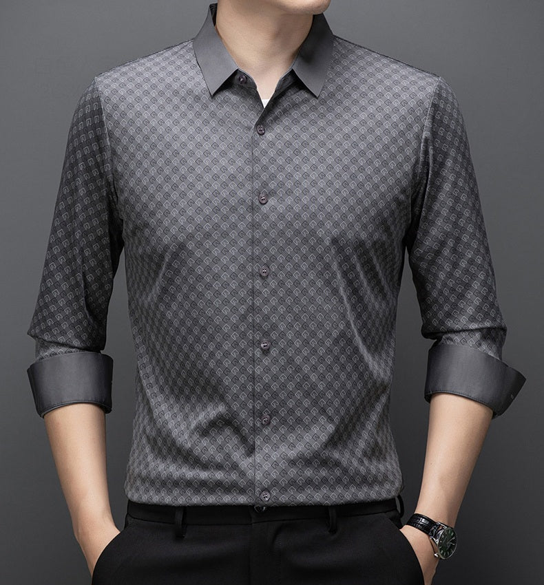 Atmora men’s charcoal grey printed imported stretch full sleeve shirt with button front and folded cuffs
