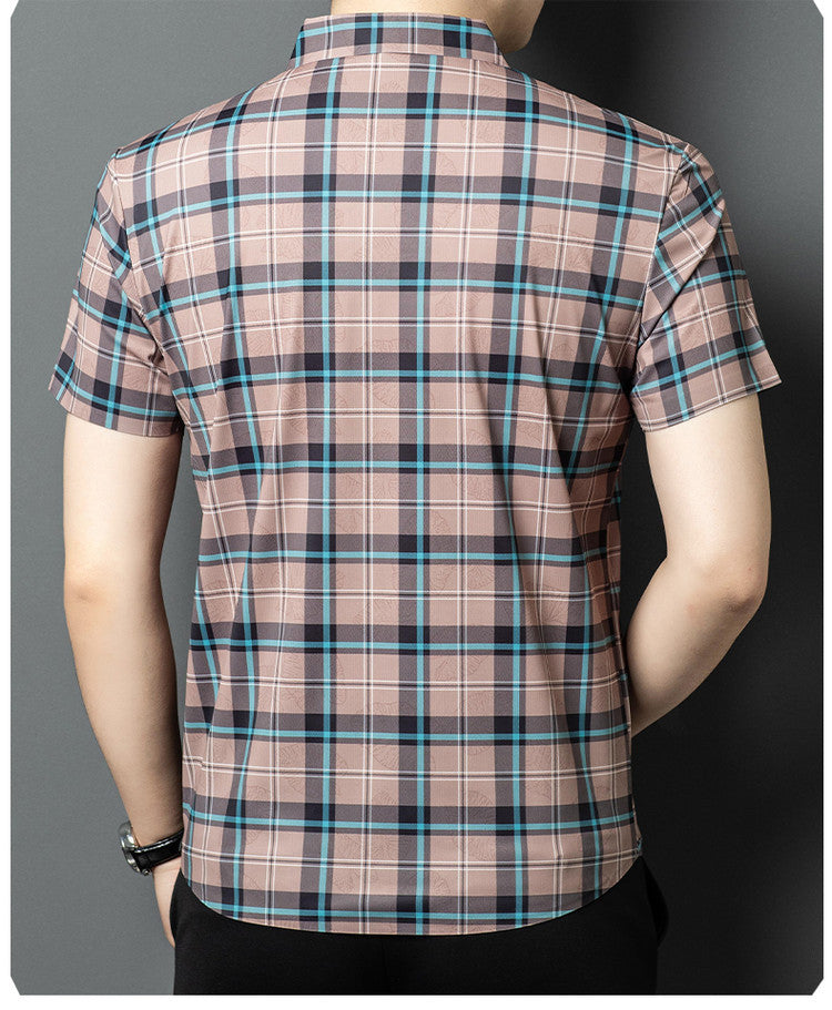 Back view of Atmora men’s dusty rose heritage check short sleeve shirt with classic collar