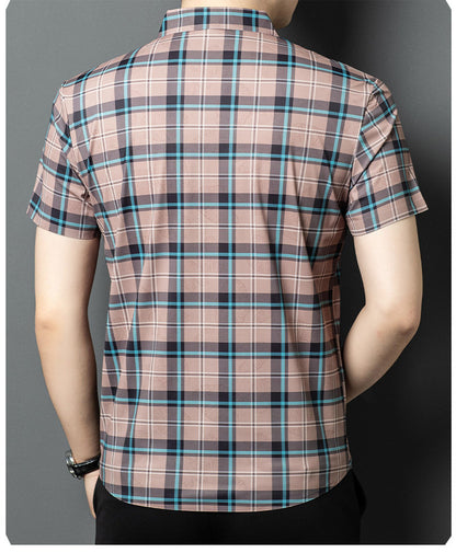 Back view of Atmora men’s dusty rose heritage check short sleeve shirt with classic collar
