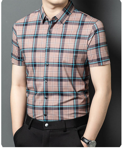 Atmora dusty rose plaid short sleeve shirt for men with button front and smart casual styling