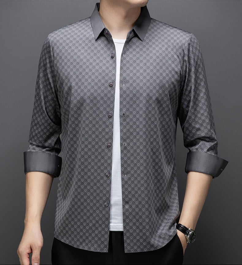 Atmora men’s grey geometric print full sleeve shirt worn open over a white t-shirt