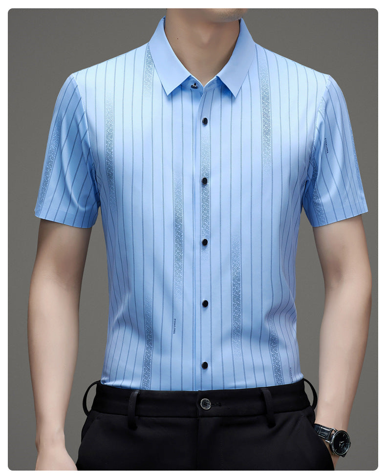 Atmora men's sky blue striped imported stretch short sleeve shirt with button front and office casual styling