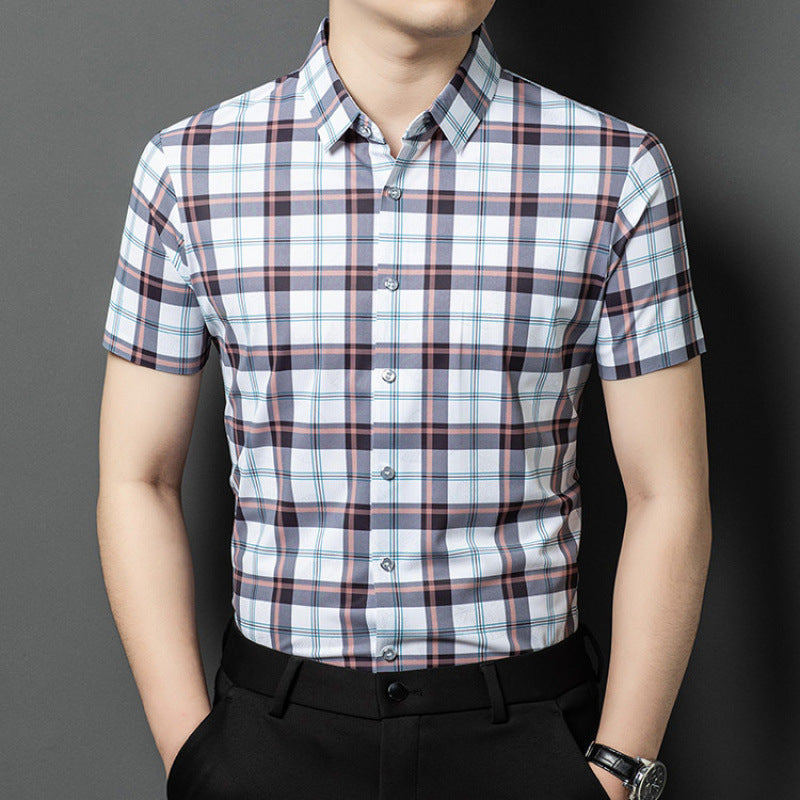 Men wearing Atmora white heritage check short sleeve shirt styled with black trousers