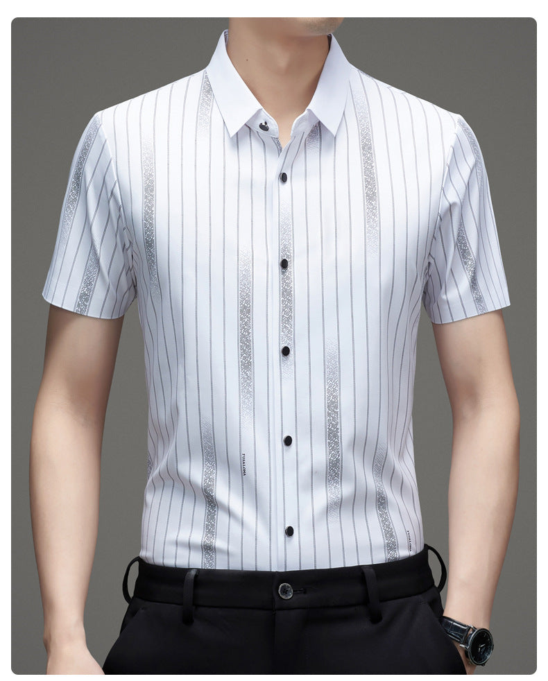 Atmora men's white striped imported stretch short sleeve shirt with button front and office casual styling