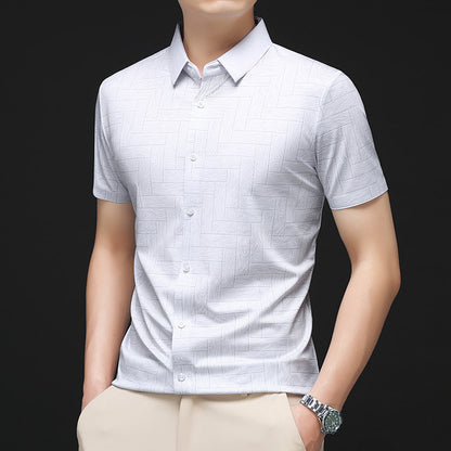 Men wearing Atmora pearl white textured imported stretch short sleeve shirt with beige trousers