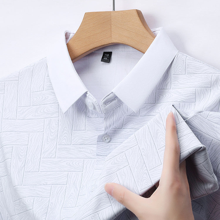 Atmora men's pearl white textured short sleeve shirt showing imported stretch fabric and classic collar detail