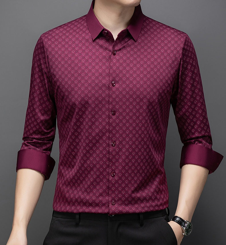 Men wearing Atmora wine red printed full sleeve stretch shirt styled with black trousers