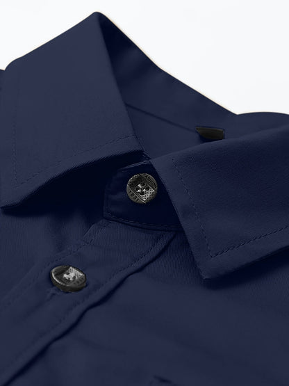 Atmora midnight navy utility shirt close-up of pointed collar, tonal buttons and neat stitching