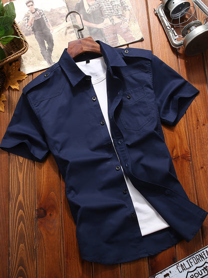 Atmora men's midnight navy woven utility pocket short sleeve shirt front view with epaulettes and button-flap chest pocket