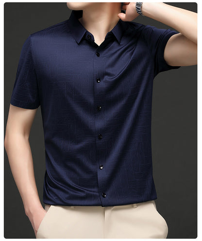 Atmora navy blue textured short sleeve shirt for men in a premium casual styling pose