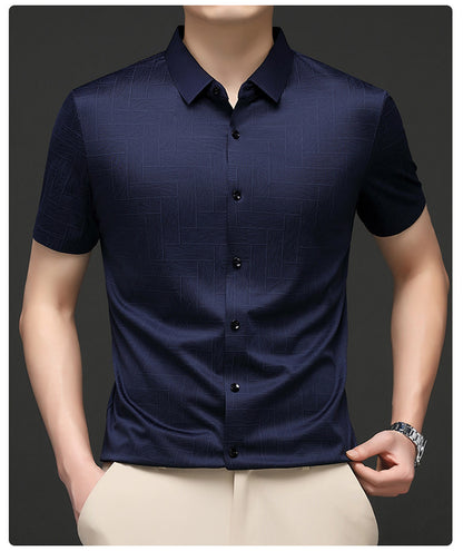 Atmora men’s navy blue textured short sleeve stretch shirt with button front and smart casual styling