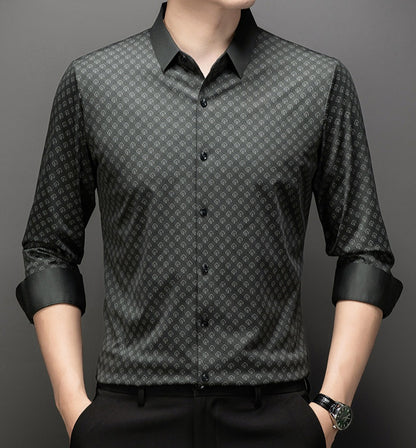 Atmora men’s olive grey geometric print full sleeve shirt with classic collar and smart casual styling