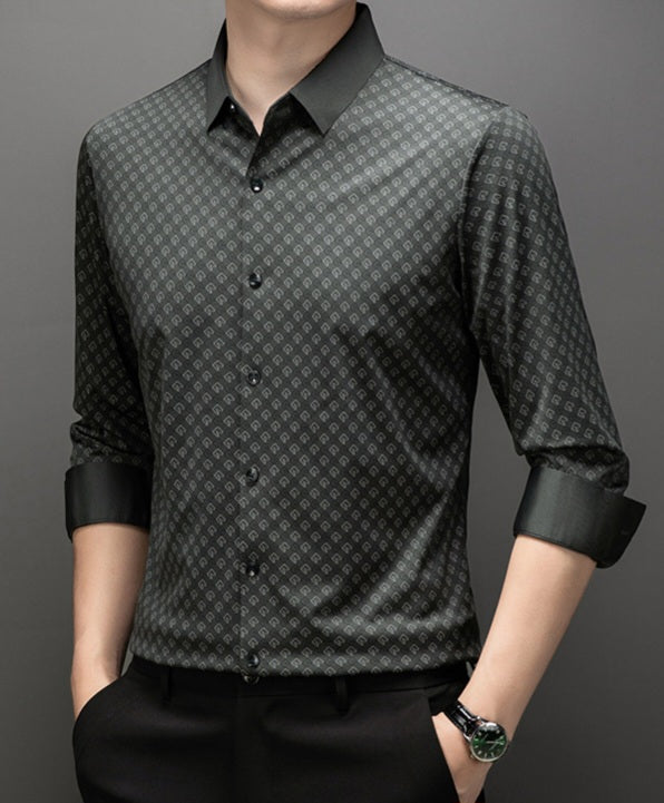 Atmora men’s olive grey printed imported stretch full sleeve shirt with folded cuffs and button front
