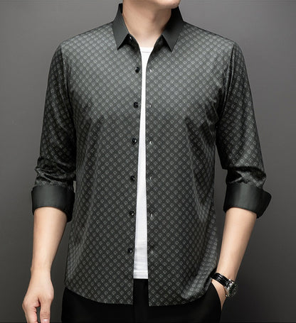 Atmora men’s olive grey printed full sleeve shirt worn open over a white t-shirt