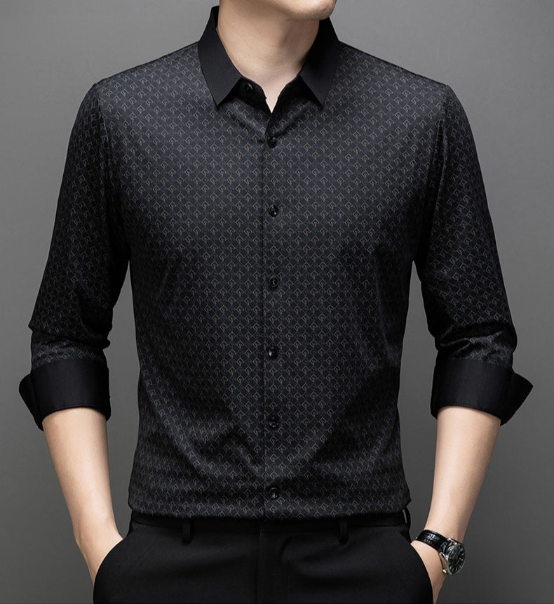 Atmora men’s onyx black micro geo imported stretch full sleeve shirt with button front and folded cuffs