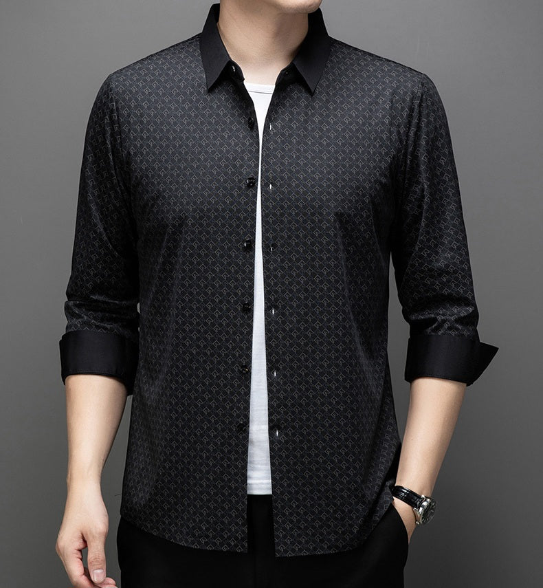 Atmora men’s onyx black micro geo full sleeve shirt worn open over a white t-shirt