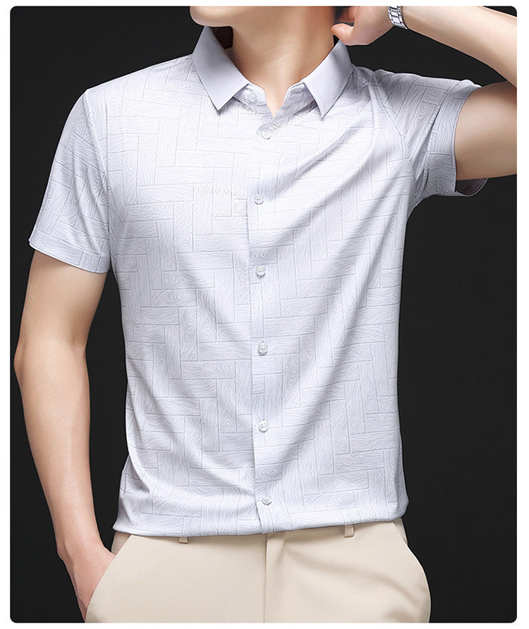 Atmora pearl white textured short sleeve shirt for men styled as a clean casual outfit