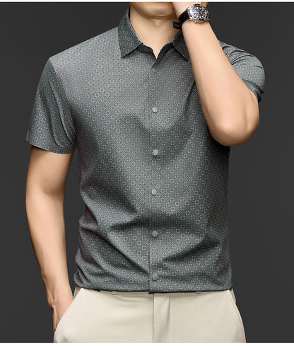 Atmora men’s sage graphite geometric print imported stretch shirt in a smart casual styling pose