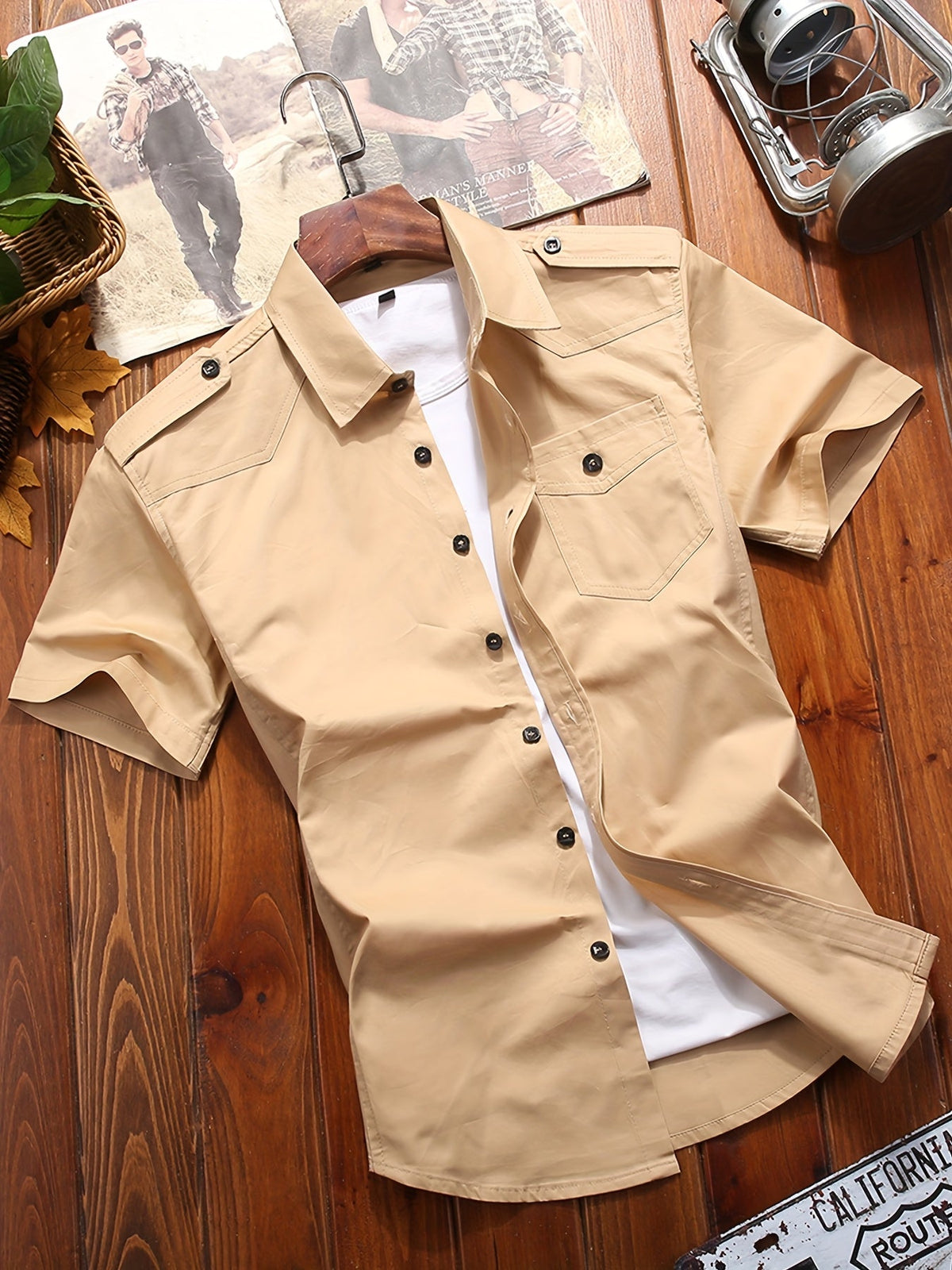 Atmora men's sand beige woven utility short sleeve shirt front view with button-flap pocket and shoulder tabs
