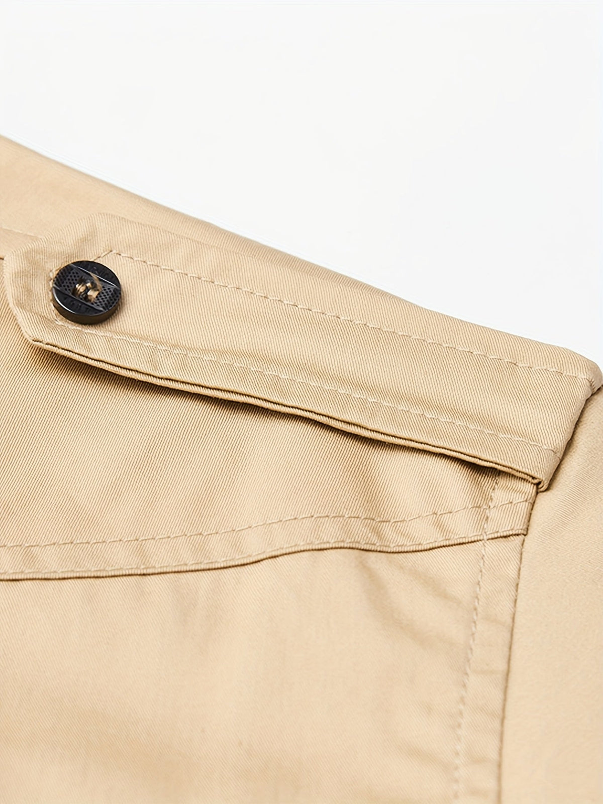 Atmora sand beige utility shirt detail of buttoned shoulder epaulette and neat stitching