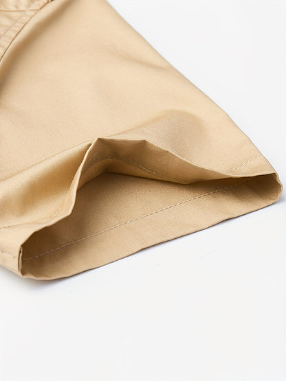 Detail of Atmora sand beige utility short sleeve shirt finished sleeve hem and seam