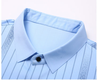 Close-up of Atmora sky blue striped short sleeve shirt collar with imported stretch fabric detail