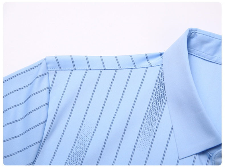 Atmora sky blue striped shirt shoulder and fabric detail showing vertical stripe pattern and classic collar