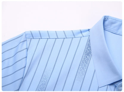 Atmora sky blue striped shirt shoulder and fabric detail showing vertical stripe pattern and classic collar