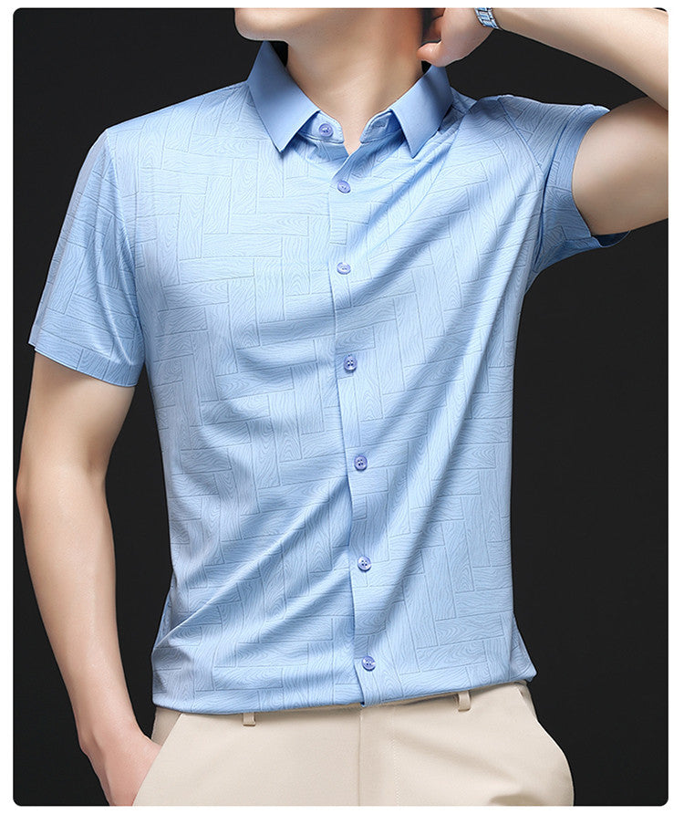 Atmora sky blue textured short sleeve shirt for men in a premium casual styling pose