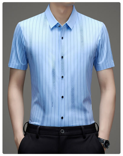 Men wearing Atmora sky blue vertical striped short sleeve stretch shirt styled with black trousers