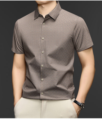 Atmora men’s taupe beige lattice motif imported stretch short sleeve shirt with button front