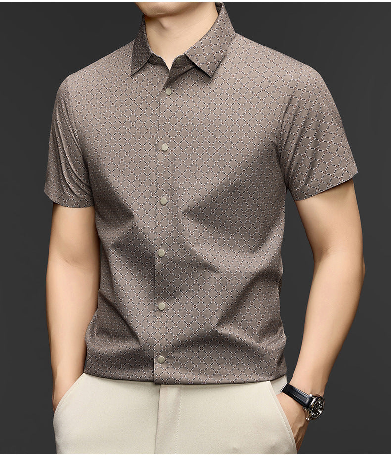 Atmora men’s taupe beige lattice motif imported stretch short sleeve shirt with button front