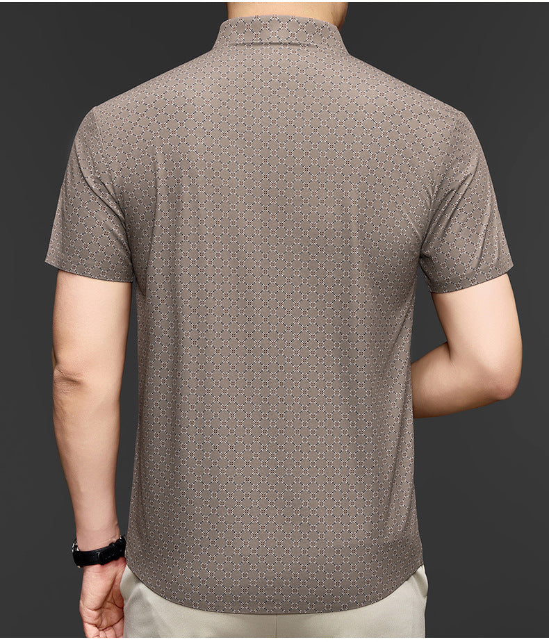 Back view of Atmora men’s taupe beige lattice motif short sleeve shirt
