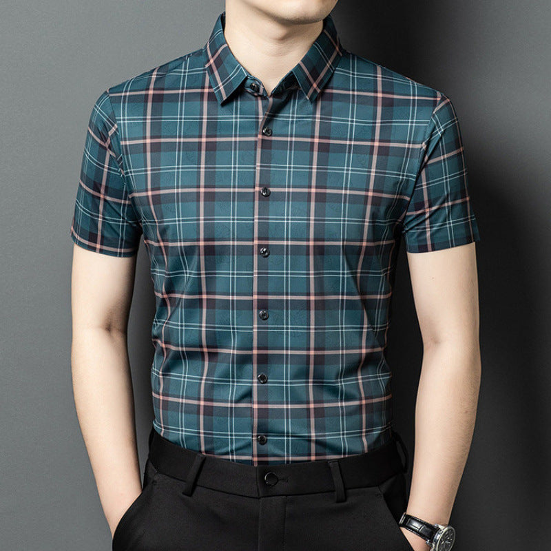 Atmora men’s teal multi check short sleeve shirt with classic collar and button front