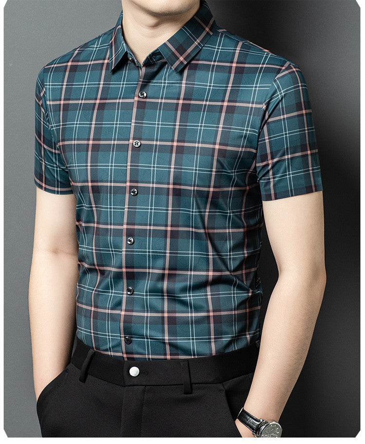 Atmora teal slate check short sleeve shirt for men in an angled smart casual pose