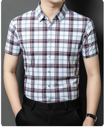 Atmora men’s white check minor stretch short sleeve shirt with classic collar and button front