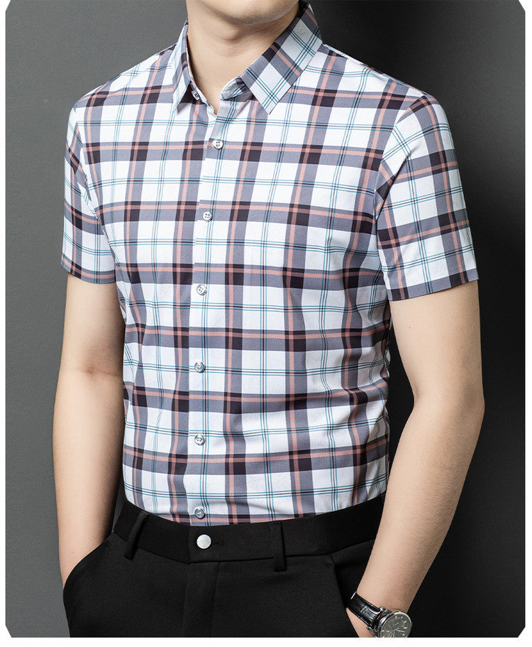Atmora white pastel plaid short sleeve shirt for men with button front and smart casual styling