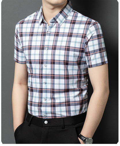 Atmora white pastel plaid short sleeve shirt for men with button front and smart casual styling