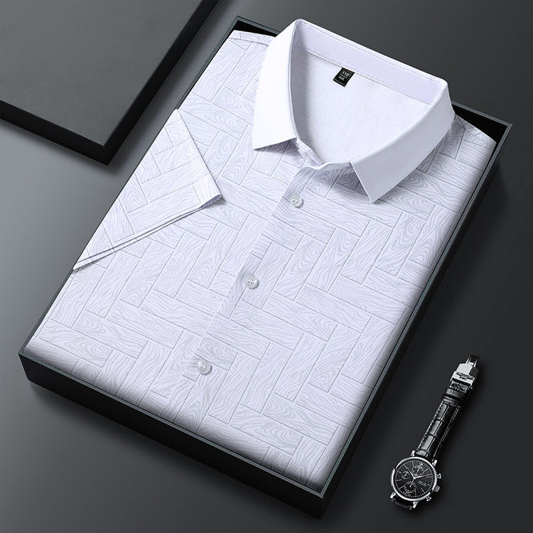 Folded Atmora men's white textured imported stretch shirt with classic collar and button front detail
