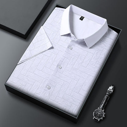 Folded Atmora men's white textured imported stretch shirt with classic collar and button front detail